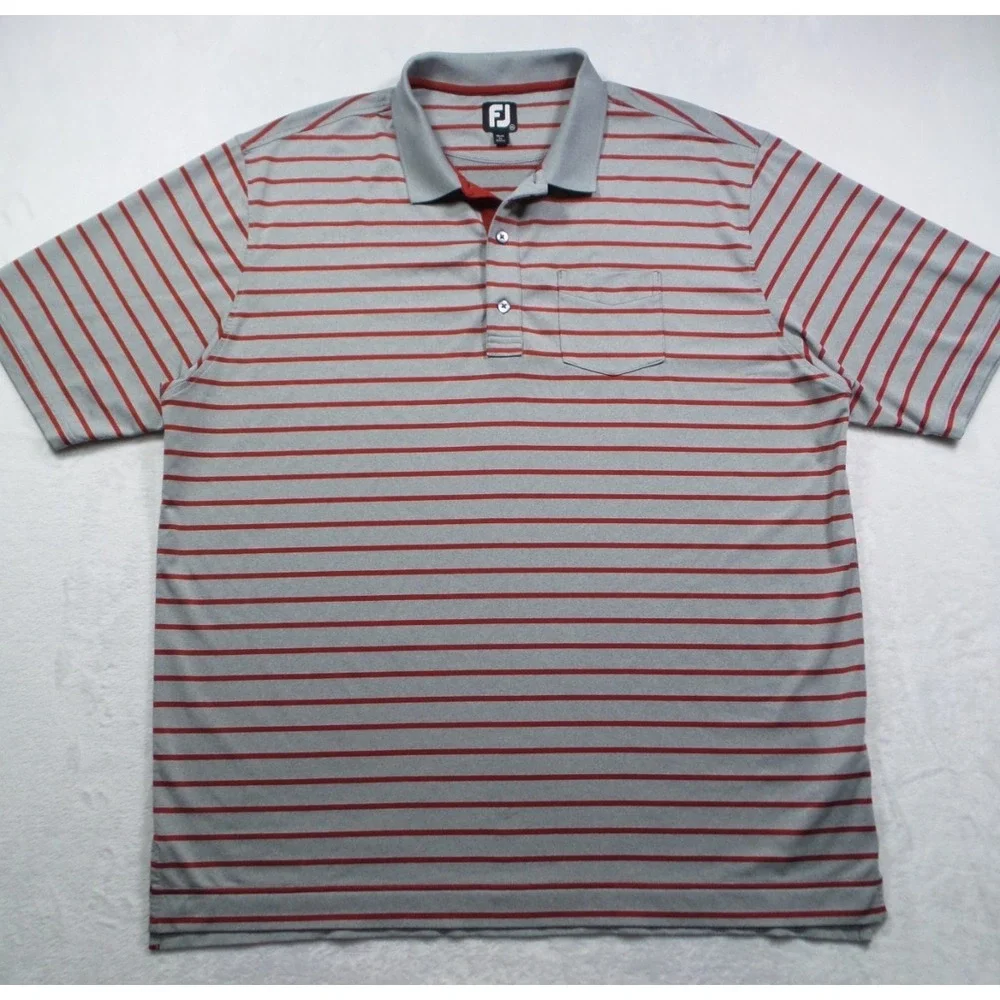 FJ FootJoy Shirt Mens Size 2XL Gray Red Striped Polo Short Sleeve Stretch‎